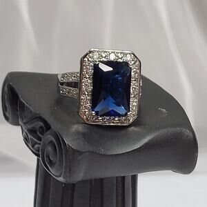 Blue Princess Cut Cabochon w Diamond chip accent 925 Sterling Silver Ring Sz 8.5